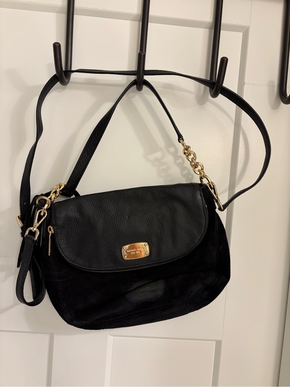 Michael Kors Black Leather & Suede Crossbody Shoulder Bag with Gold Hardware